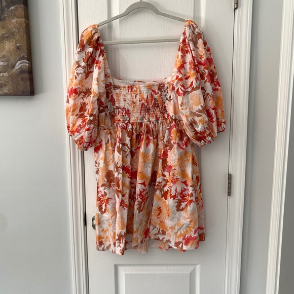 Abercrombie & Fitch Floral Puff Sleeve Mini Dress Orange Pink Ruched Smocked XL - Picture 9 of 9